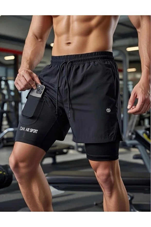 2 In 1 Şort Yazılı, Deniz, Havuz, Gym ve Fitness Hızlı Kuruma telefon cep'li Bel havluluk Ekstra İç File Astarlı Outdoor